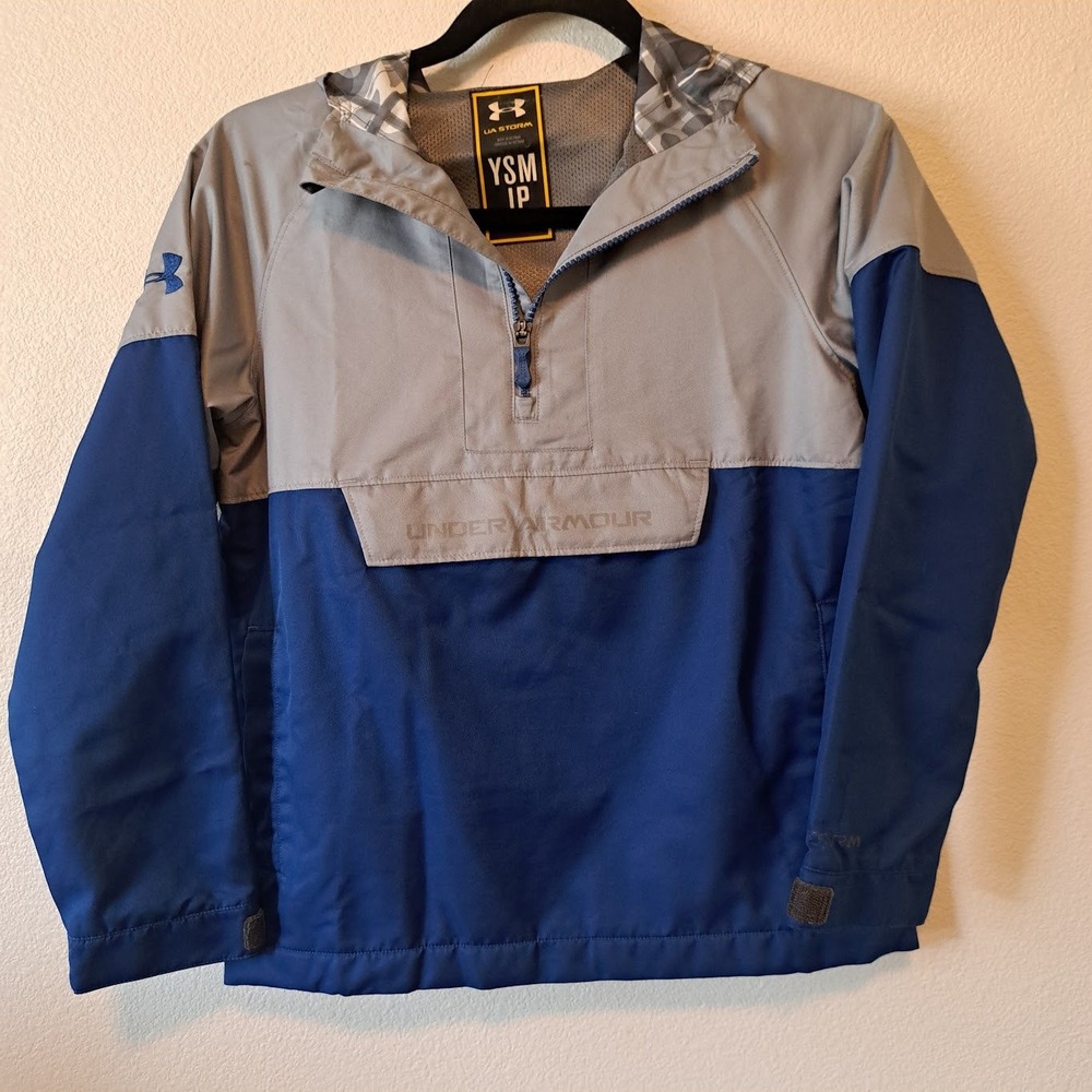 Under Armour Storm Kids YSM Grey Blue Quarter Zip Hooded Windbreaker Jacket